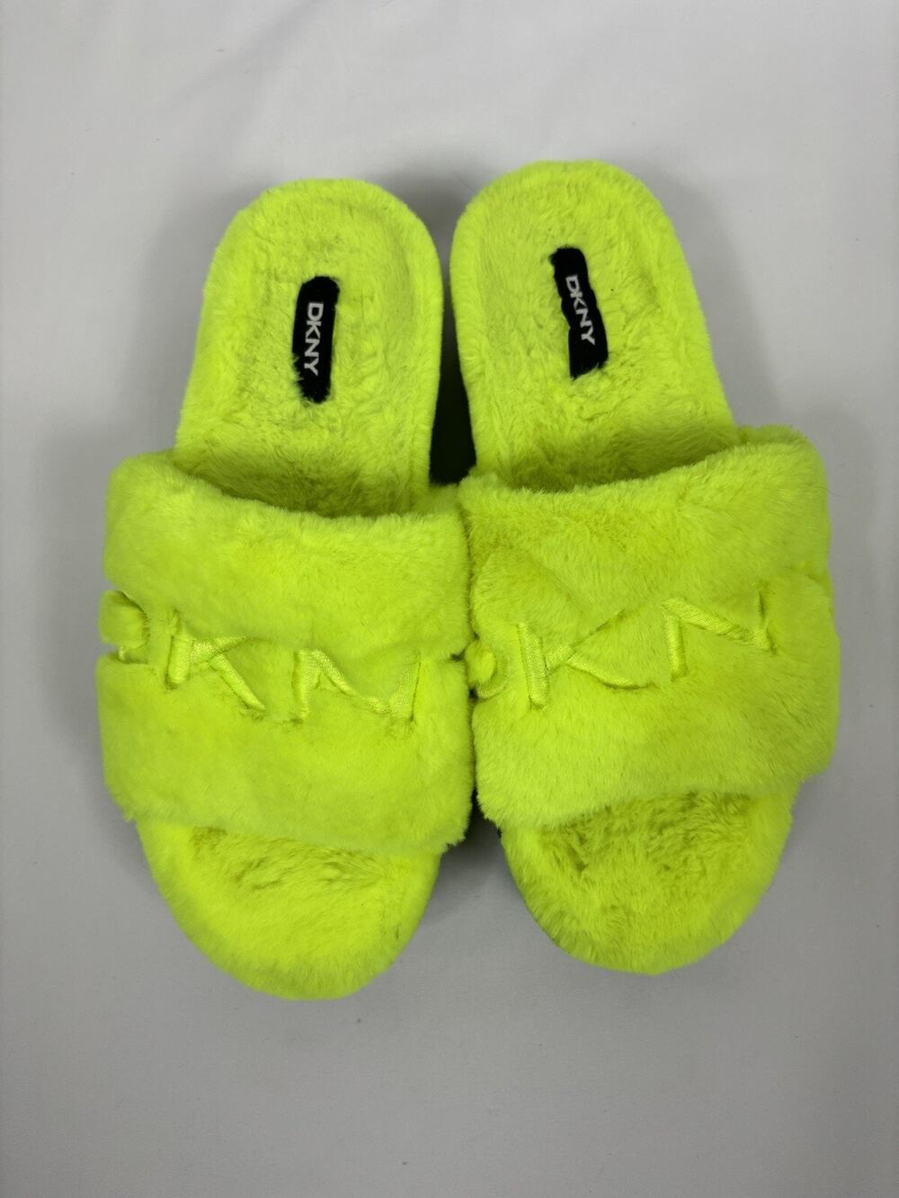 DKNY Faux Fur Platform Slides Citron Flourscent Yellow 8.5 Flatforms